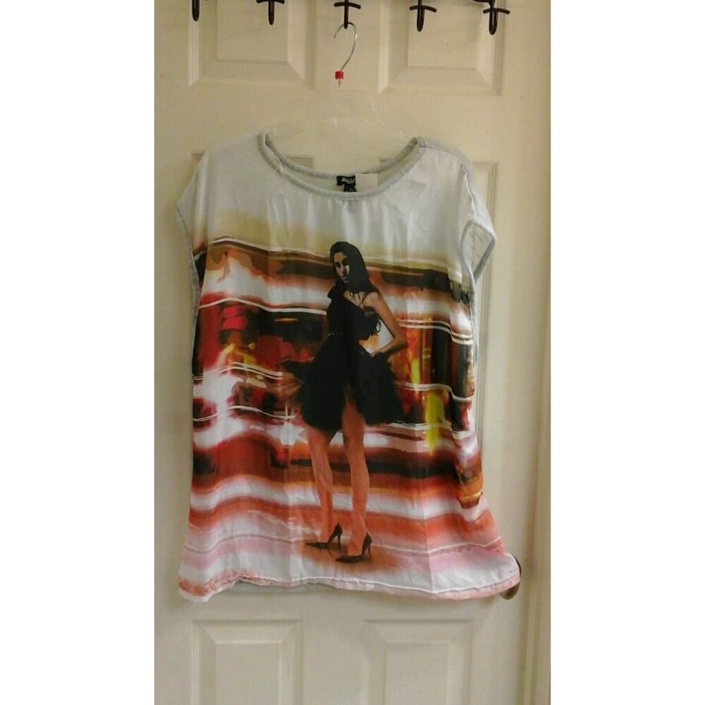 Rouge, women's plus size 2X knit back blouse, dancer in sunset design, Sheer NWT